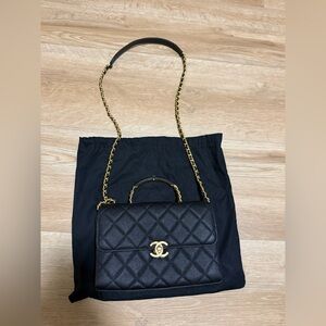 Black Quilted Leather Top Handle Shoulder Bag with Gold Chain